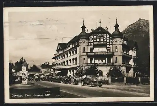 AK Garmisch, Autos vor dem Hotel Neuwerdenfels