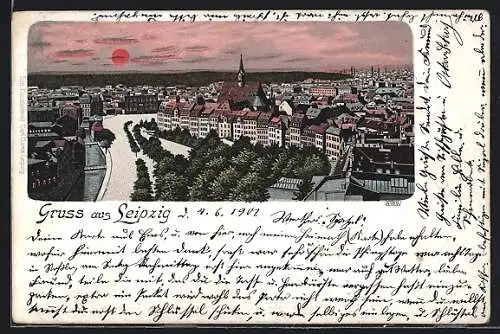 Lithographie Leipzig, Ortsansicht aus der Vogelschau im Abendrot