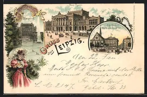 Lithographie Leipzig, Neuse Theater, Schwanenteich, Cafe Felch