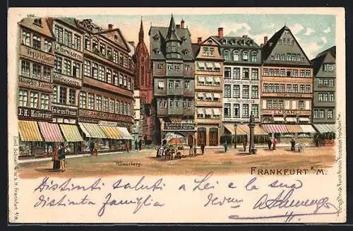 Lithographie Alt-Frankfurt, Römerberg mit Geschäften