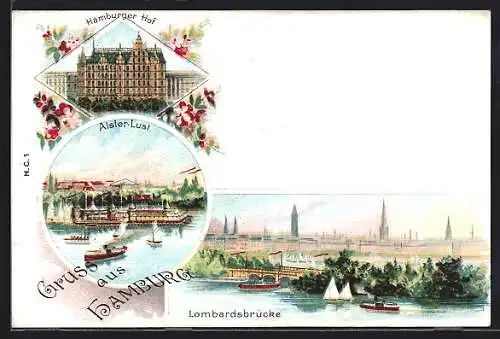 Lithographie Hamburg-St.Georg, Gasthof Alsterlust, Lombardsbrücke und Hamburger Hof