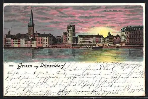 Lithographie Düsseldorf, Panorama in der Dämmerung