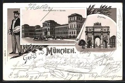 Lithographie München, Neue Akademie der Künste, Siegesthor