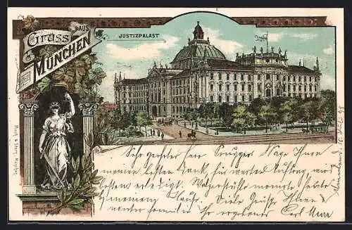 Lithographie München, Justizpalast und Justizia