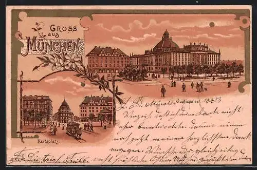 Lithographie München, Justizpalast und Karlsplatz