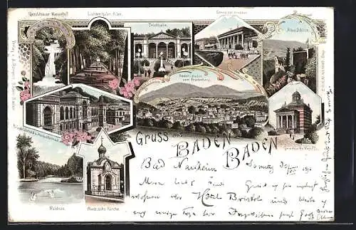 Lithographie Baden-Baden, Totalansicht, Altes Schloss, Trinkhalle, Geroldsauer Wasserfall