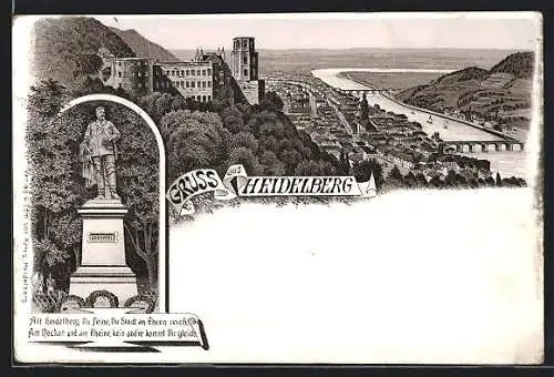 Lithographie Heidelberg, Teilansicht mit Burg, Scheffel-Denkmal