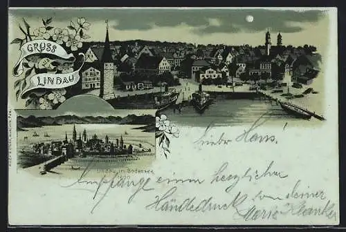 Lithographie Lindau i. B., Dampfer im Hafen, Totalansicht der Insel