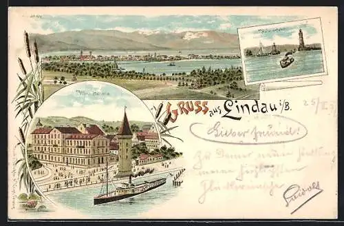 Lithographie Lindau i. B., Ortsansicht mit Hotel Helvetia und Hafeneinfahrt