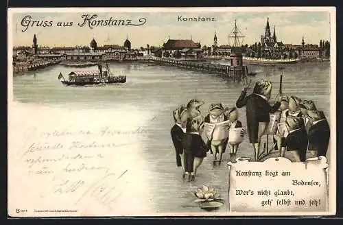 Lithographie Konstanz am Bodensee, Uferpartie mit Kirche und singenden Fröschen