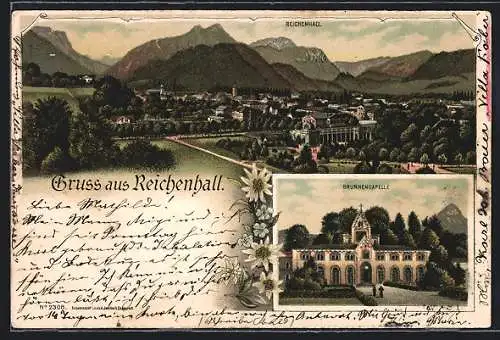 Lithographie Bad Reichenhall, Gesamtansicht, Brunnencapelle