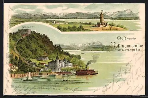 Lithographie Rottmannshöhe, Hotel Leoni am Starnberger See, Bismarck-Denkmal
