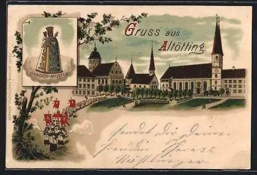 Lithographie Altötting, Panorama der Wallfahrtskirche und Gnaden-Mutter