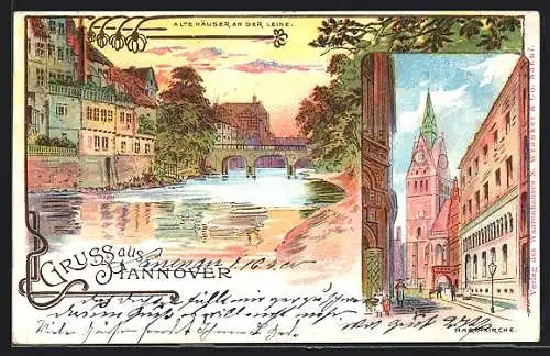 Lithographie Hannover, Marktkirche, Alte Häuser an der Leine