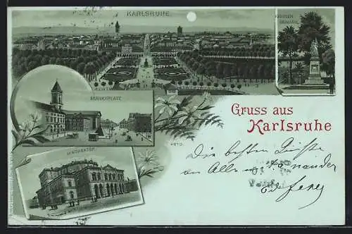 Lithographie Karlsruhe i. B., Marktplatz, Hoftheater, Kriegerdenkmal