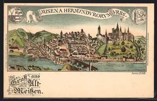 Lithographie Alt-Meissen, Misena Hermundu Rorum Urbs., Gesamtansicht anno 1558