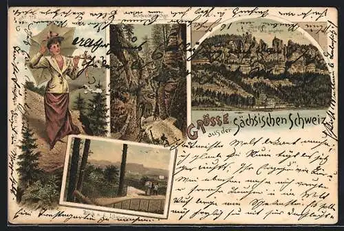 Lithographie Bastei, Schwedenlöcher, Blick nach Lilienstein, Bastei von der Elbe aus