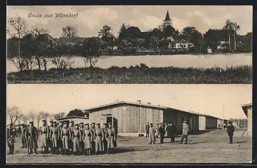 AK Wünsdorf, Ortsansicht und Kaserne mit Soldaten