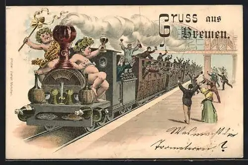 Lithographie Euskirchen, Einfahrenden Eisenbahn mit Weinflasche- und Gläsern