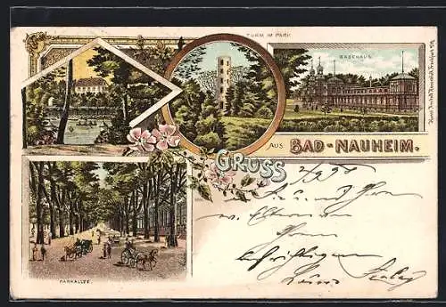 Lithographie Bad Nauheim, Parkallee, Turm im Park, Badehaus