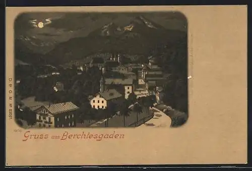 Mondschein-Lithographie Berchtesgaden, Ortsansicht bei Vollmond