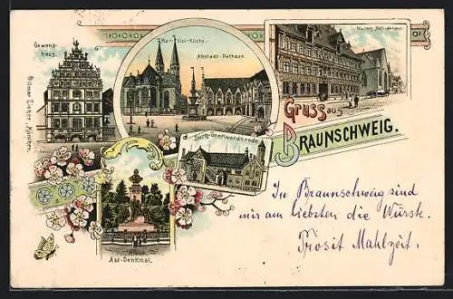 Lithographie Braunschweig, Wolters Hofbrauhaus, Gewandhaus, Altstadt-Rathaus