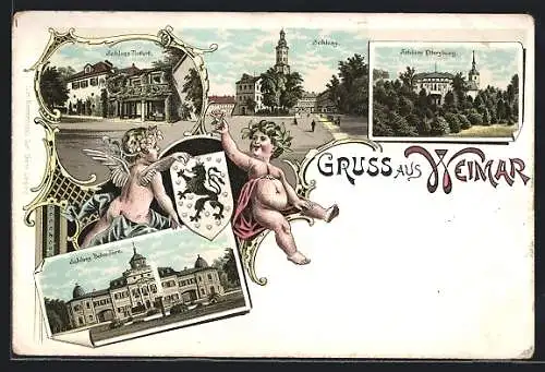 Lithographie Weimar / Thür., Schloss Tiefurt, Schloss Belvedère, Engel mit Stadtwappen