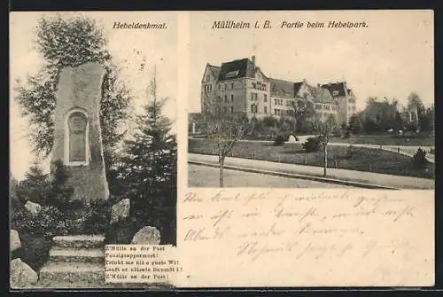 AK Müllheim, Partie beim Hebelpark, Hebeldenkmal, Gedicht