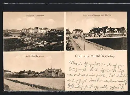 AK Müllheim /Baden, Artillerie-Baracken, Infanterie-Kaserne mit Kasino