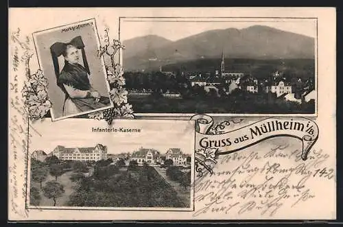 AK Müllheim i. B., Infanterie-Kaserne, Markgräflerin in Tracht, Ortsansicht