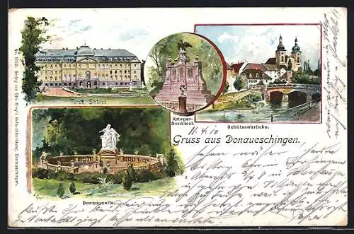 AK Donaueschingen, Schützenbrücke, Fürstl. Schloss, Donauquelle