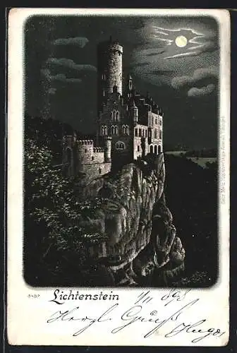 Mondschein-Lithographie Lichtenstein, Schloss bei Nacht