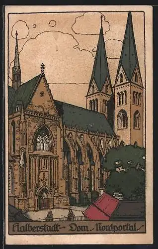 Steindruck-AK Halberstadt, Dom mit Nordportal