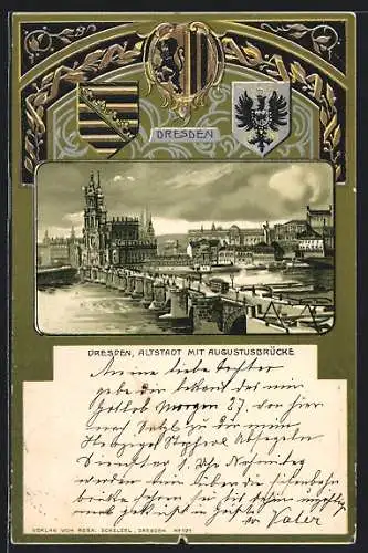 Passepartout-Lithographie Dresden, Altstadt mit Augustusbrücke, Wappen
