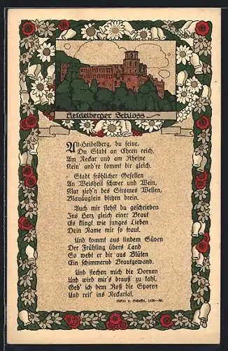 Steindruck-AK Heidelberg, Schloss mit Gedicht