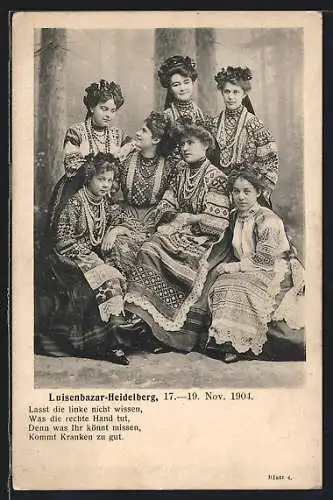 AK Heidelberg / Neckar, Luisenbazar 1904, Gedicht, Frauen in Tracht
