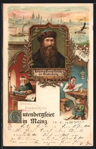 Lithographie Mainz, 500jährige Gutenbergfeier 1900, Portrait Johann G. zu Gutenberg