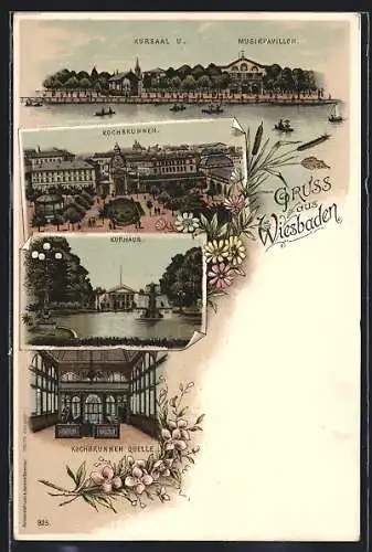 Lithographie Wiesbaden, Kursaal u. Musikpavillon, Kochbrunnen und Kurhaus