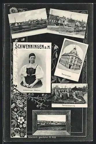 AK Schwenningen a. N., Realanstalt, Blick vom Bahnhof, Schwenninger Mädchen in Tracht