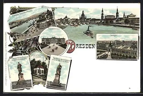 Lithographie Dresden, Brühl`sche Terrasse und Elbquai, Zwinger, Schillerhäuschen in Loschwitz