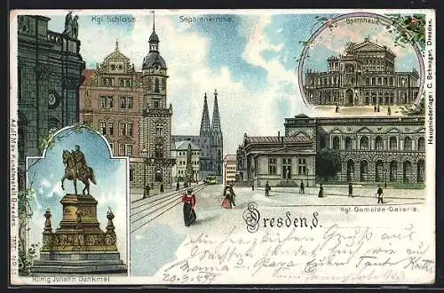 Lithographie Dresden, Opernhaus, Kgl. Gemälde-Galerie und Kgl. Schloss