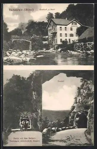 AK Tiefenstein /Albtal, Gasthof zur Post, Tunnel, Partie mit dem Kaiserl. Postwagen Albbruck-St. Blasien