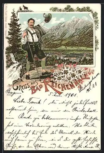 Lithographie Bad Reichenhall, Wanderer vor dem Ort