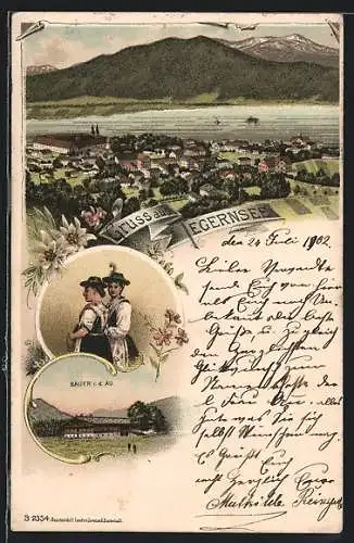 Lithographie Tegernsee, Panorama, Bauer in der Au, Paar in Tracht