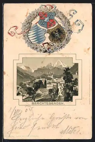 Passepartout-Lithographie Berchtesgaden, Ortsansicht mit Stadtwappen