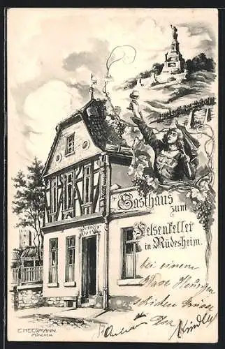 Künstler-AK Rüdesheim am Rhein, Gasthaus Zum Felsenkeller