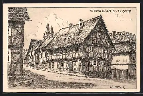 Künstler-AK Leinefelde /Eichsfeld, Strasse am Pflaster, Verkehrszentrale des Eichsfeldes Fachwerbau um 1700