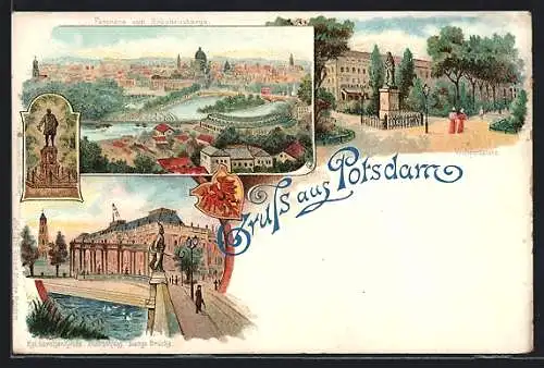 Lithographie Potsdam, Panorama vom Brauhausberge, Kgl. Garnisonkirche, Stadtschloss, Wilhelmsplatz