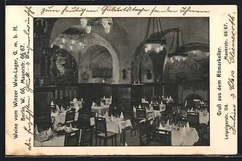 AK Berlin, Römerkeller, Leipzigerstr. 114, Mauerstr. 66 /67, Weine v. Winzer-Lager GmbH