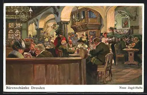 Künstler-AK Dresden, Gasthaus Bärenschänke, Innenansicht